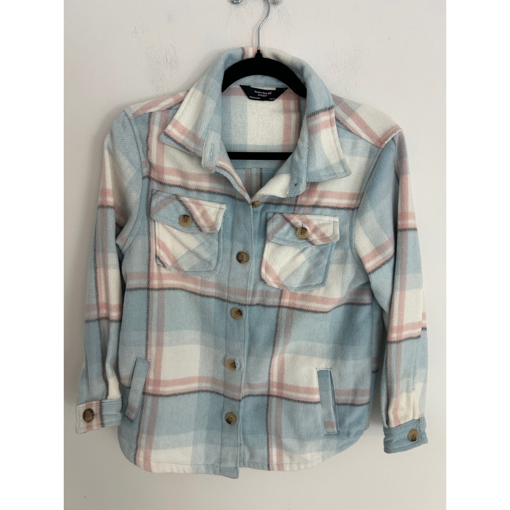 Plaid Flannel Shacket Womens Large 10/12 Blue Pink White Button Front Jacket